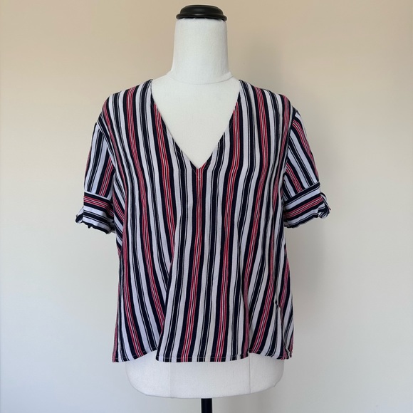Atmos&Here Tops - Atmos&Here V-Neck Short Sleeve Top - Red & Blue Stripe - Bow Detail - Size 12 AU